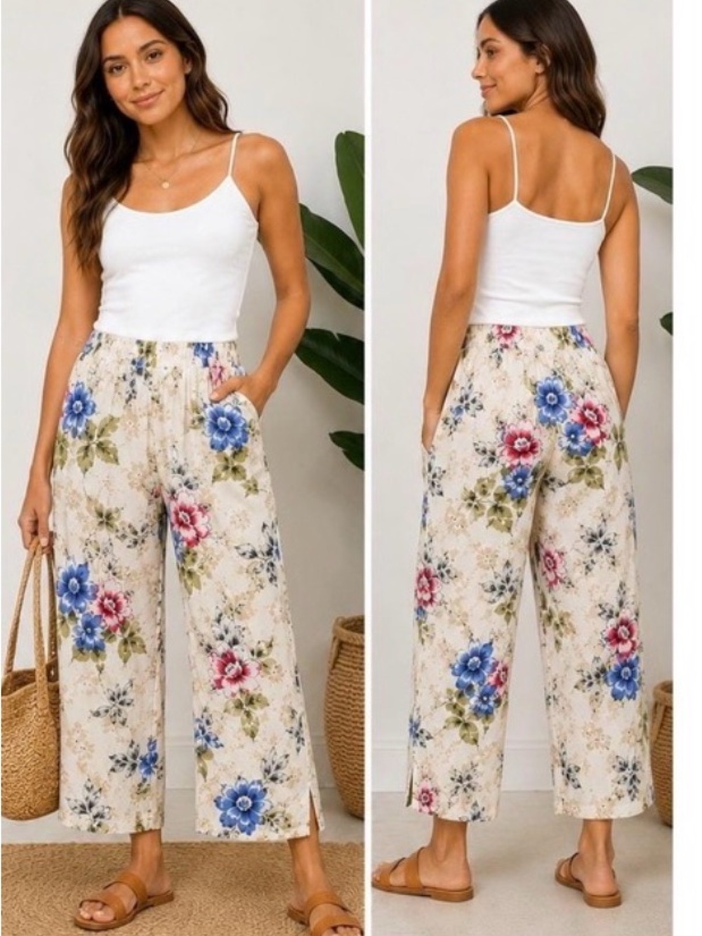 Aloha Hut Hawaii Pants Womens‎ Large Floral Rayon Cropped Wide Leg Elastic Waist